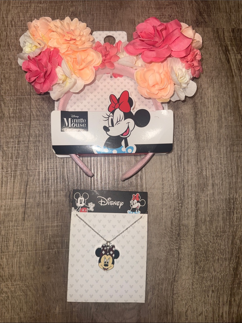Disney Pink Floral Minnie Ears Headband with Necklace